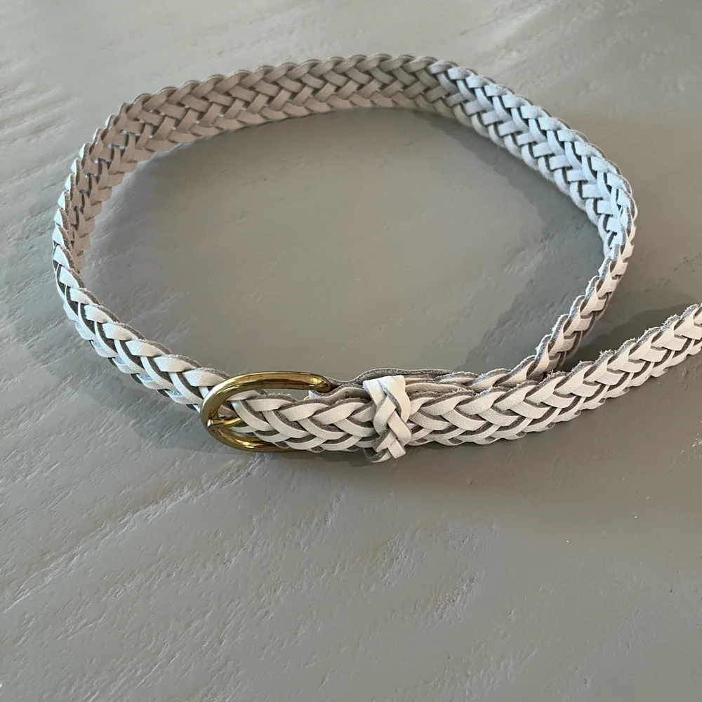 Vintage White Braided Leather Belt Gold Buckle | Women’s Small - Picture 3 of 5